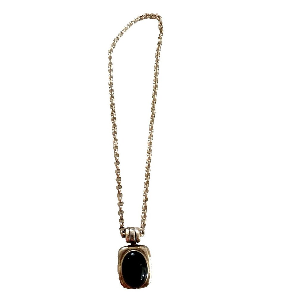 Vintage Sterling Silver Rolo Chain Necklace Black Onyx Pendant Snap Closure